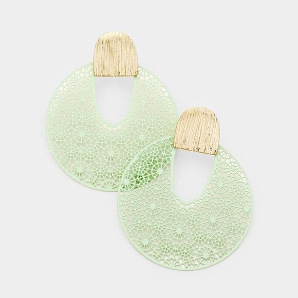 NEW Green  Round Cut Out Teardrop Filigree Metal Earrings - Picture 1 of 8